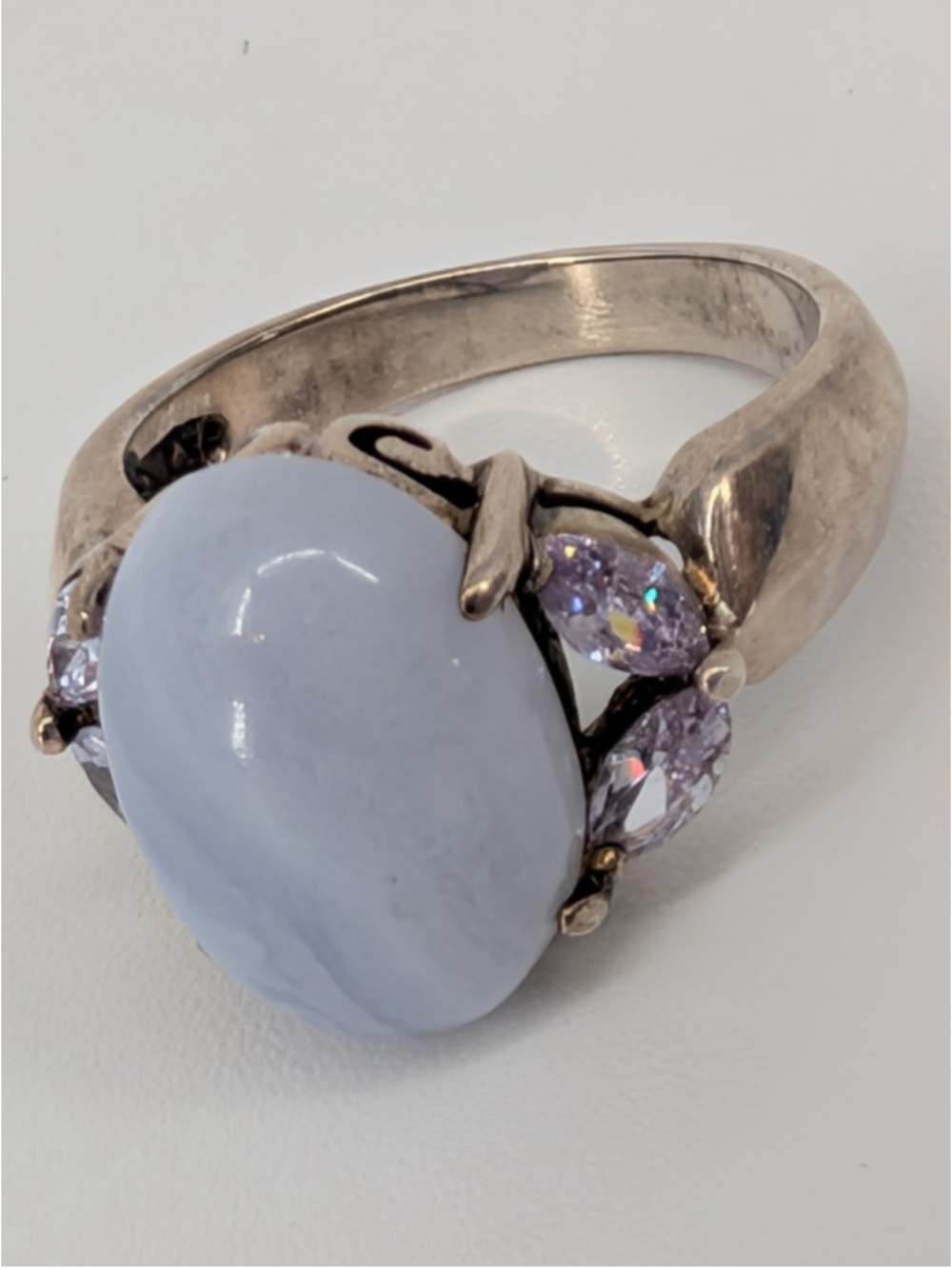 Vintage Avon 925 Sterling Silver Blue Lace Agate Lavender CZ Ring Size 6